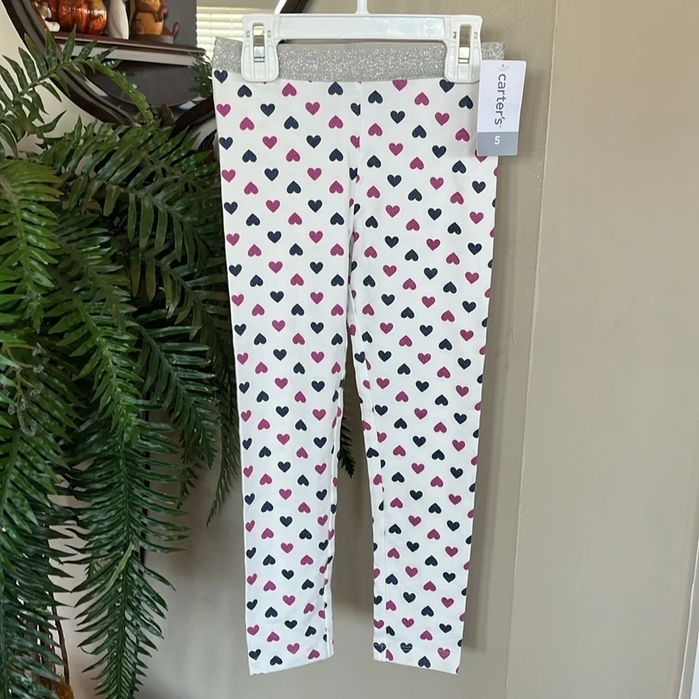 Brand New Carter’s Pink Flower Short Sleeve Top & Sparkly Glitter Heart Leggings